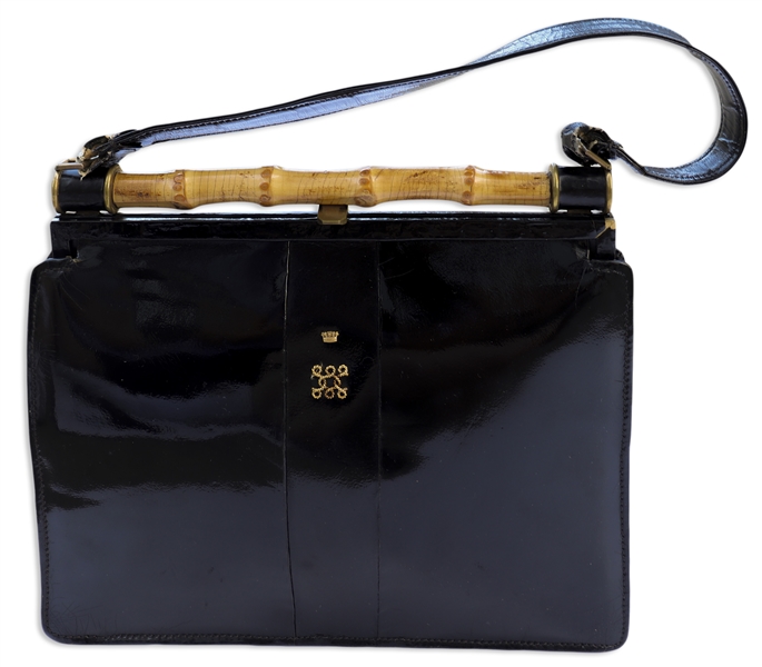 Wallis Simpson, the Duchess of Windsor Owned Black Patent Leather Handbag With Her Embroidered Cypher Below a Crown